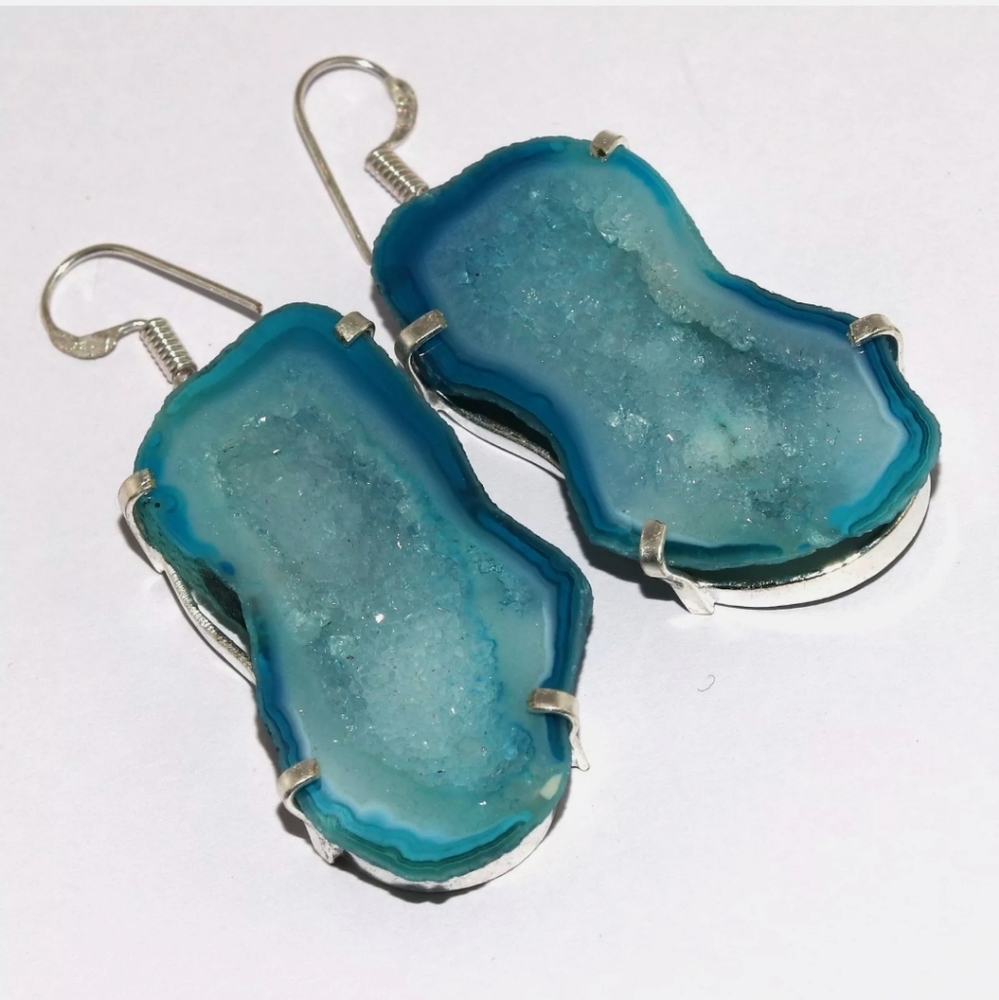 New Oversized Agate Geode Slice Silver Earrings.